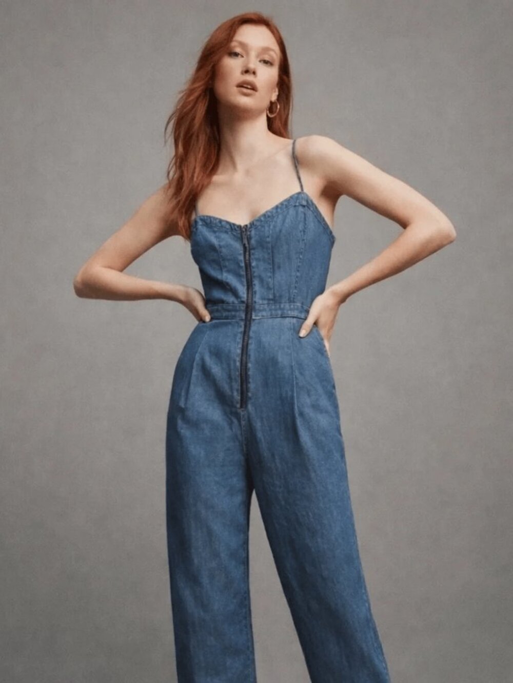 Anthropologie Jumpsuit Blue Denim Chambray Stretch Zip Front Ruched Back